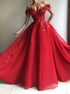 Ball Gown Off the Shoulder Floor Length Red Tulle Appliques Prom Dress LBQ3507